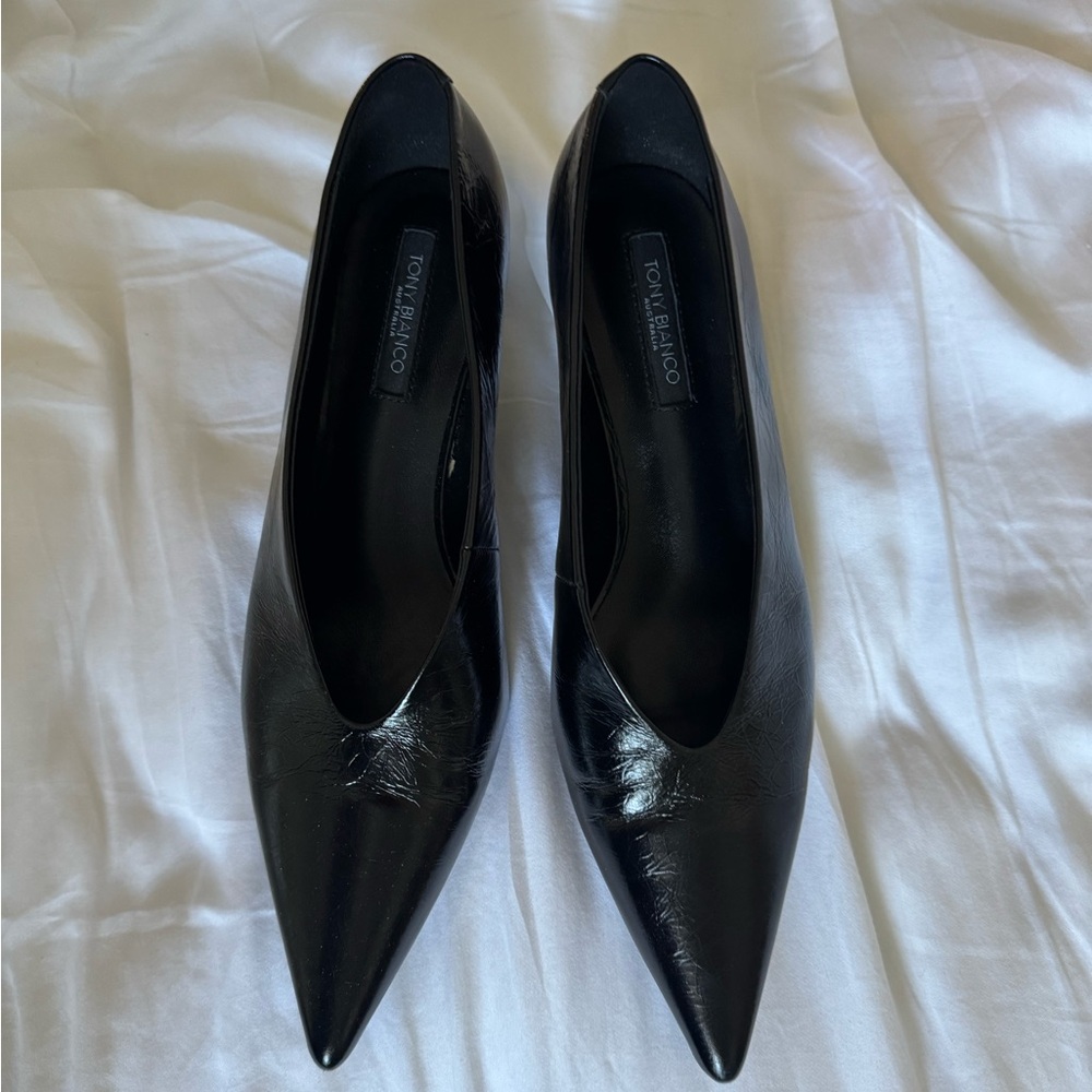 Tony Bianco Black Pointed Toe Leather Heels